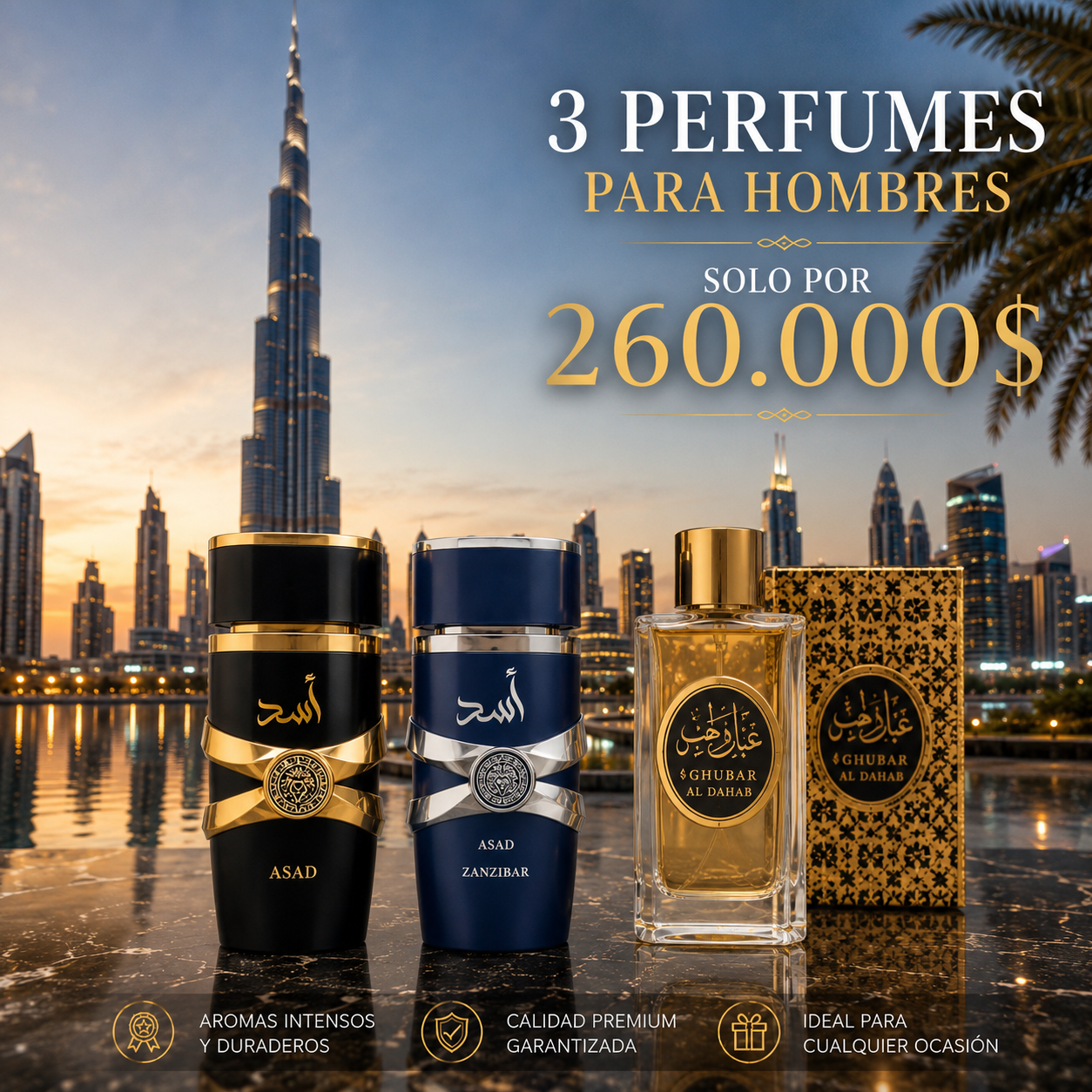 Lattafa Combo Hombre – Asad + Asad Zanzibar + Ghubar Al Dahab