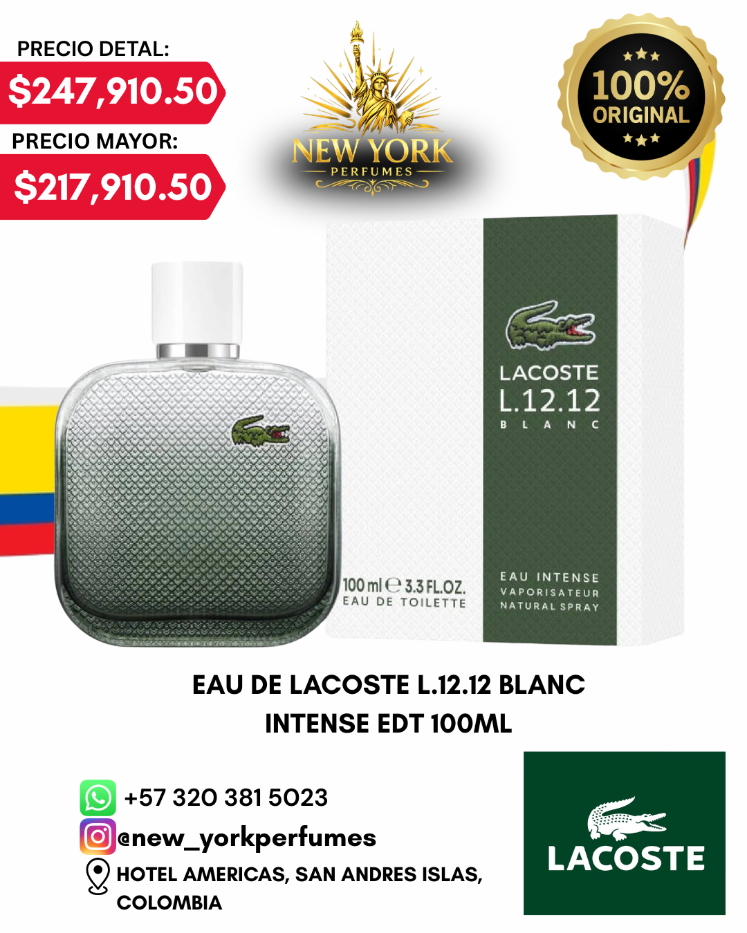 EAU DE LACOSTE L.12.12 BLANC INTENSE EDT 100ML
