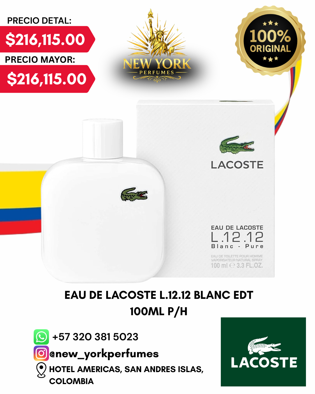 EAU DE LACOSTE L.12.12 BLANC EDT 100ML P/H