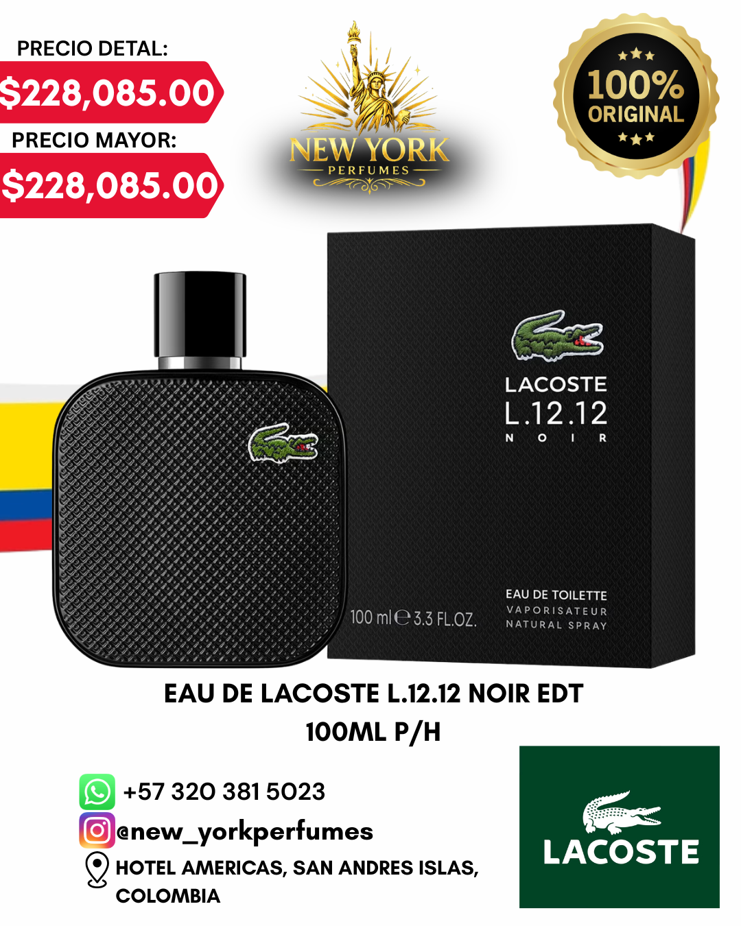 EAU DE LACOSTE L.12.12 NOIR EDT 100ML P/H